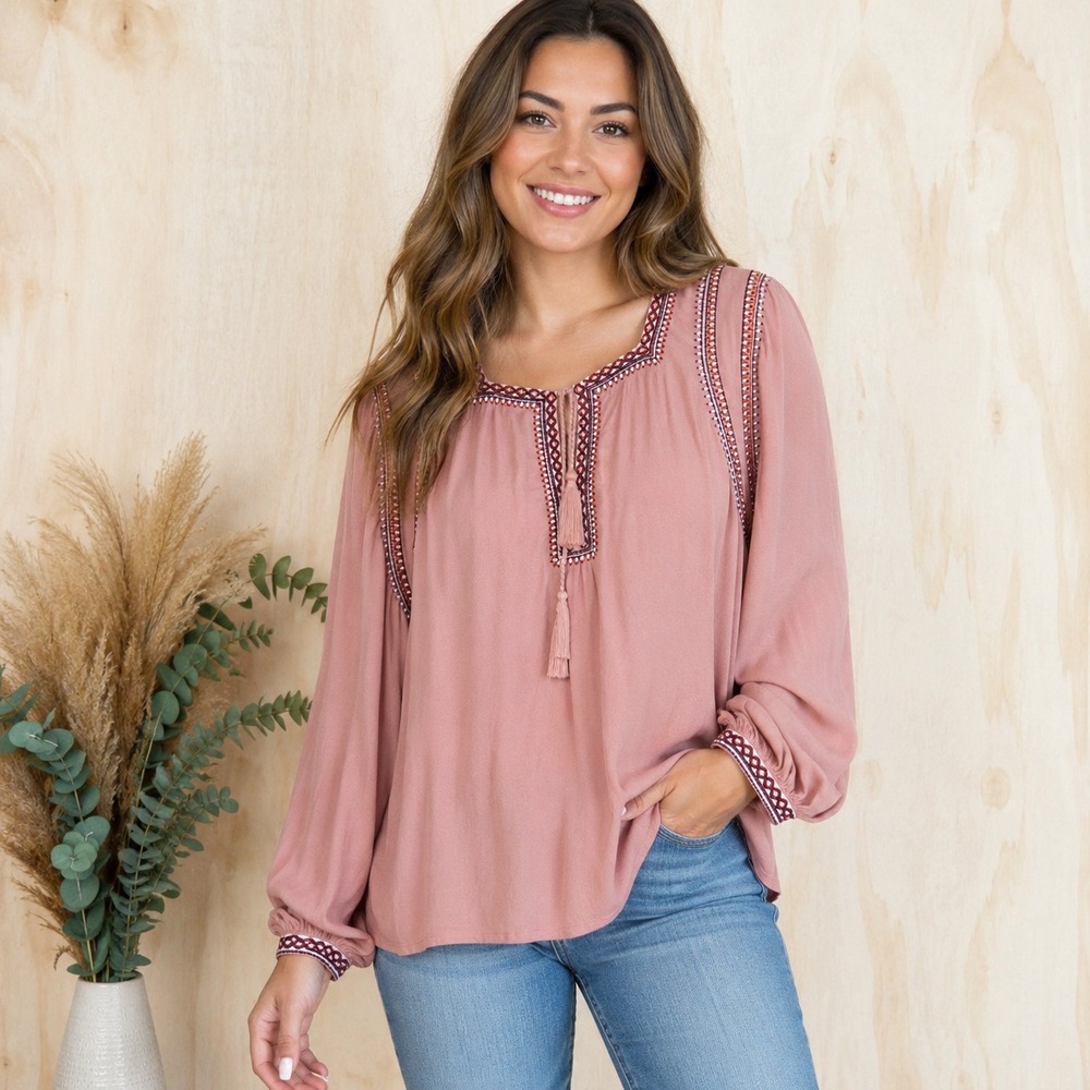 Lucky Brand Womens L Boho Peasant‎ Top Pink Embroidered Tassel Viscose